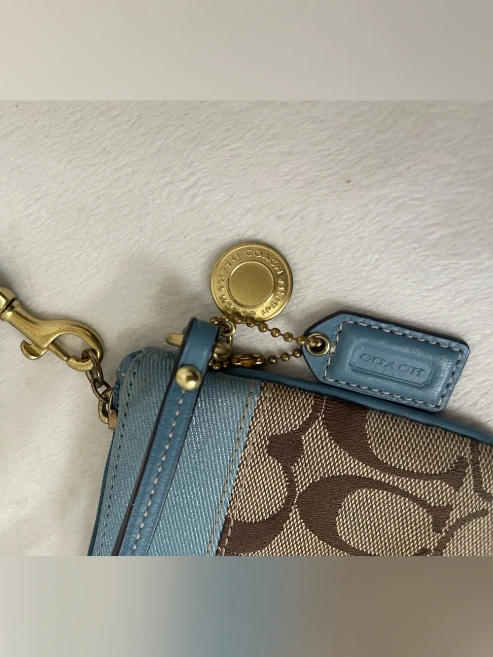 Coach Brown Signature Canvas Wristlet with Blue Trim